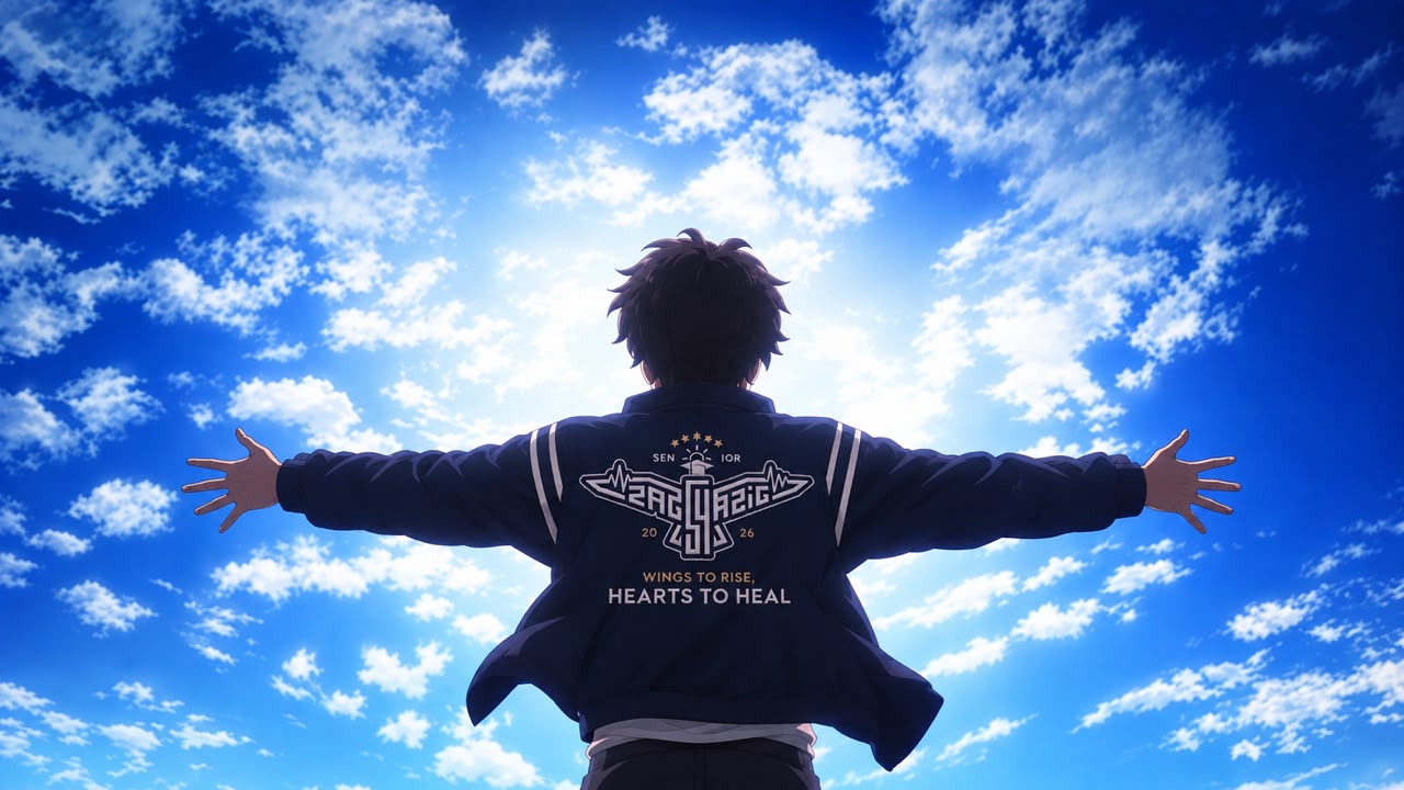ZMS 54 Graduation Baseball Jacket Back View against Sky